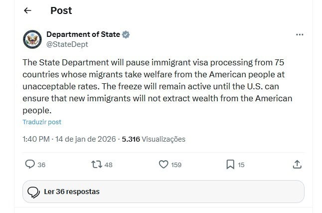 Congelamento de Visto Americano 2026 