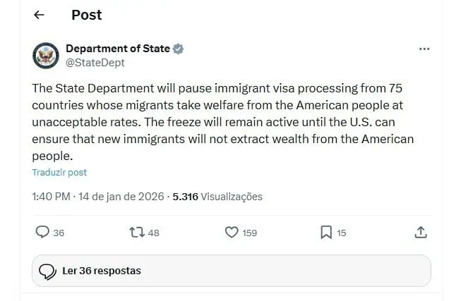 Congelamento de Visto Americano 2026 Congelamento de Visto Americano 2026