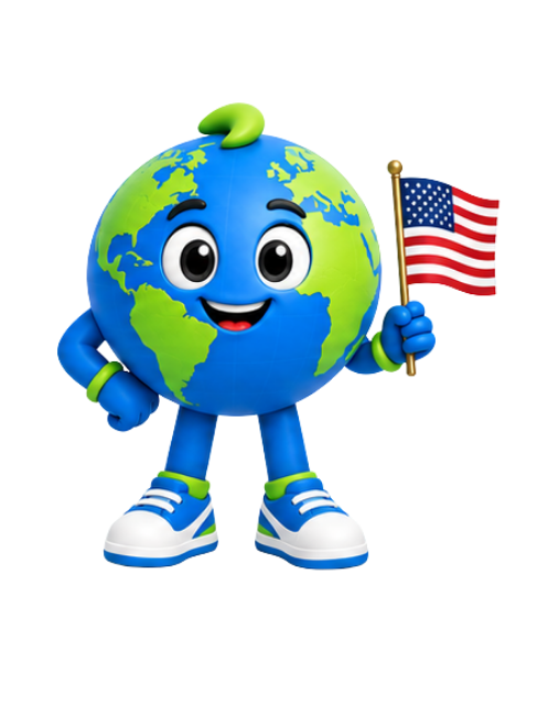 Mascote 3D em formato de planeta Terra sorrindo e segurando a bandeira dos Estados Unidos, ilustrando a página do guia de visto americano da S2 Vistos.
