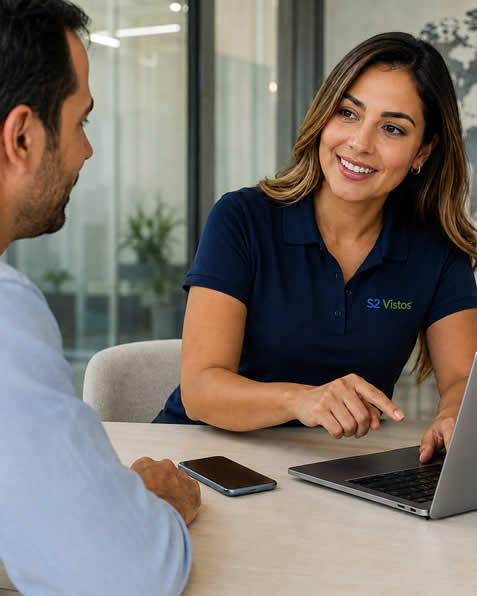 Consultora da S2 Vistos sorrindo durante o atendimento presencial a um cliente em uma mesa de escritório com notebook.