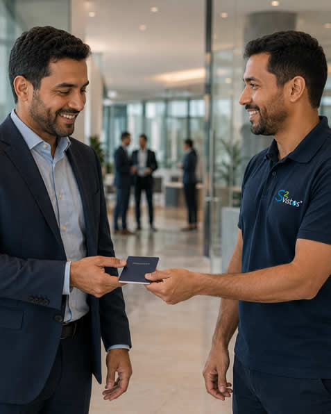 Cliente sorrindo ao receber seu passaporte das mãos de um consultor da S2 Vistos, representando o serviço de assessoria para documentos de viagem internacional.