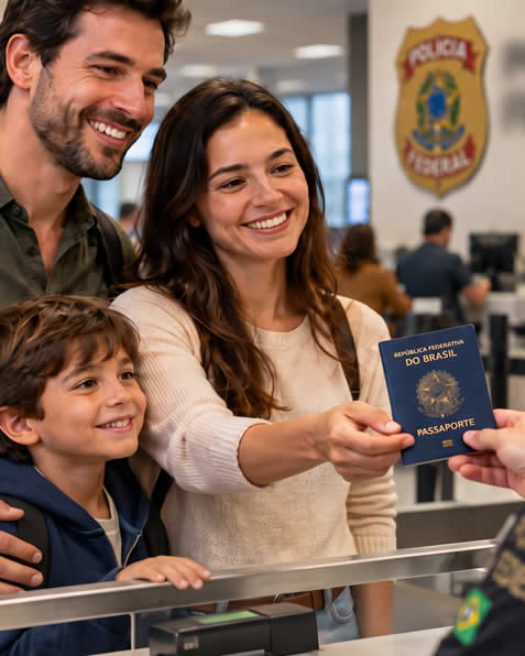 Família sorridente (pai, mãe e filho) a entregar o passaporte brasileiro no balcão de atendimento da Polícia Federal.