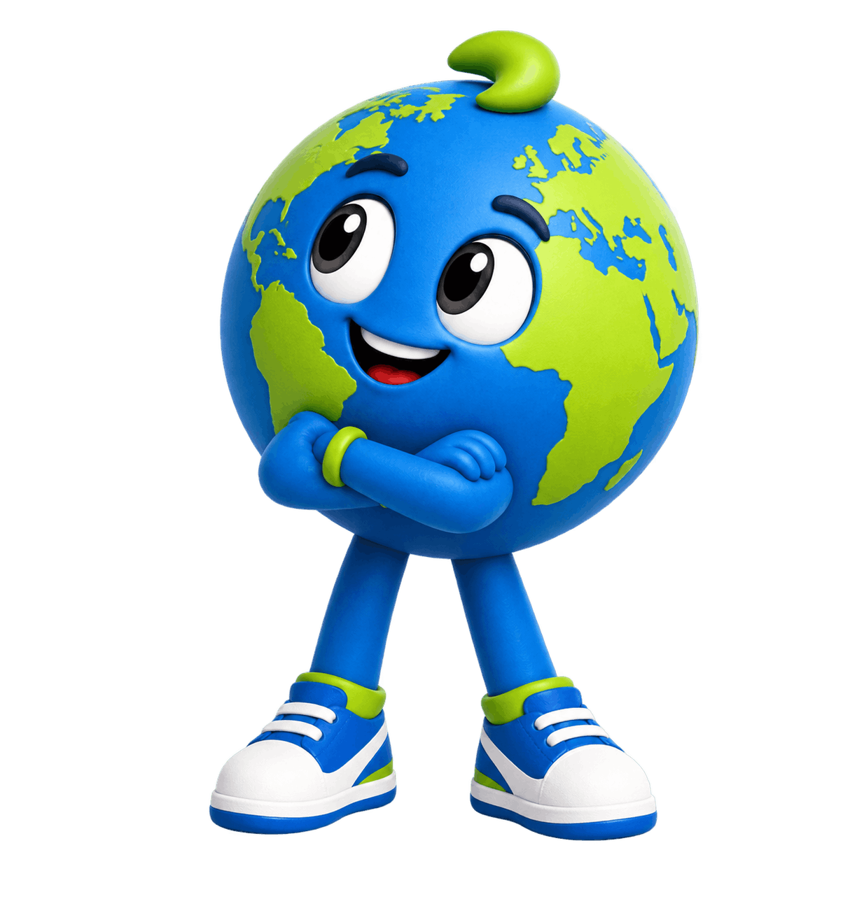 Ilustração 3D do mascote da S2 Vistos, um planeta Terra sorridente com as mãos na cintura, auxiliando os clientes na seção de dúvidas frequentes.