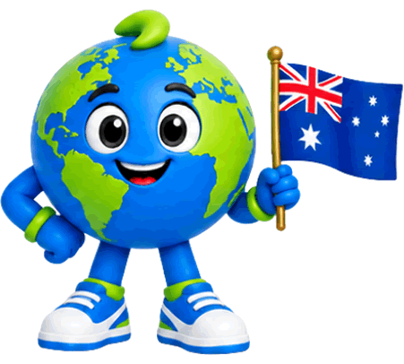Mascote 3D em formato de planeta Terra sorrindo e segurando a bandeira do Canadá, ilustrando a página do guia de visto para Austrália da S2 Vistos.